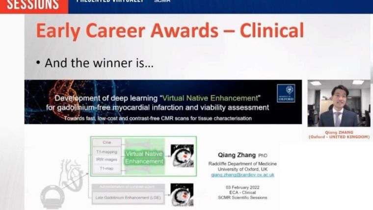 composite image showing powerpoint slide with qiang zhang photo and award information